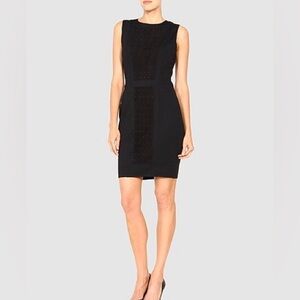 Little black knit dress with laser cut suede trim